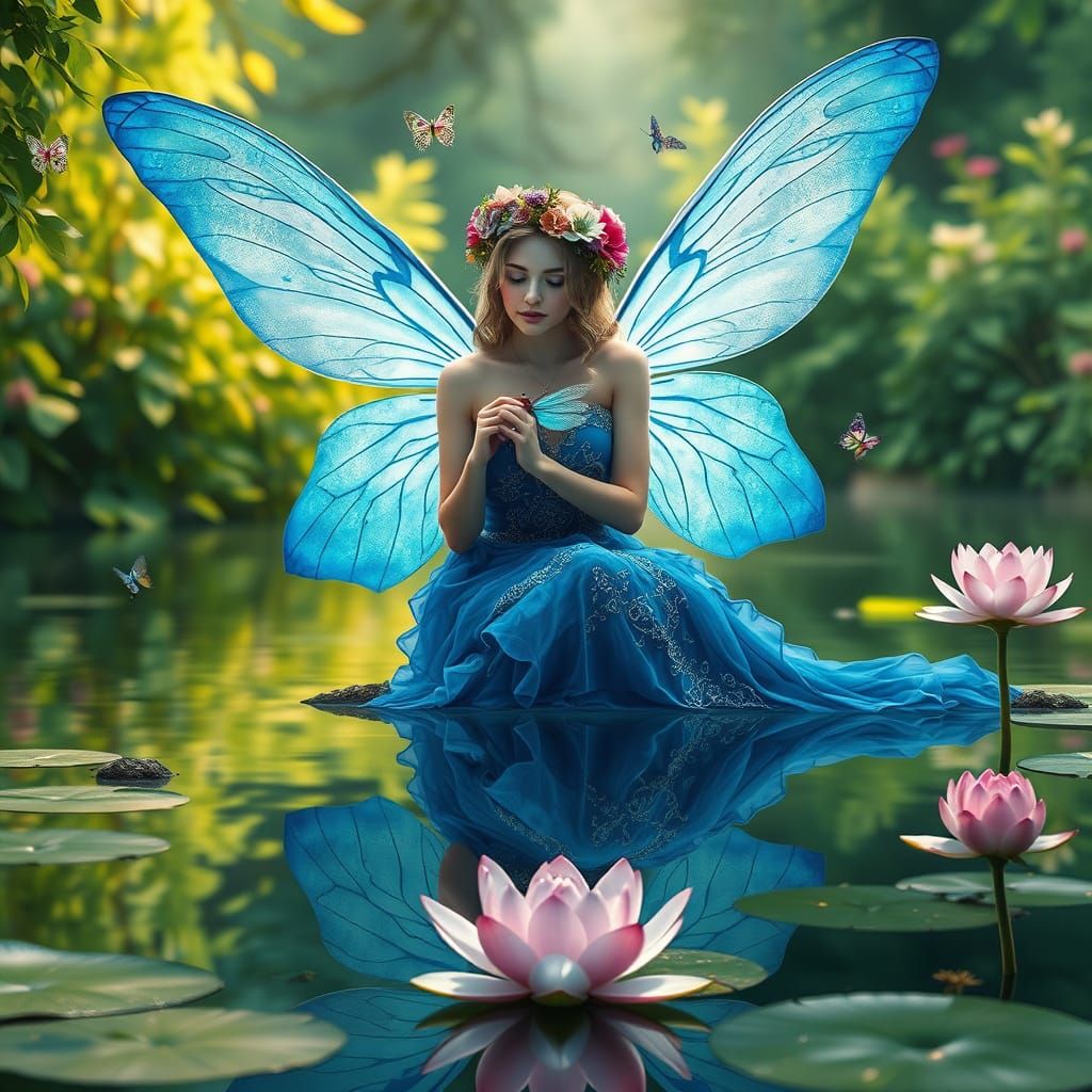 A photo of a mystical fairy with large, translucent blue win...