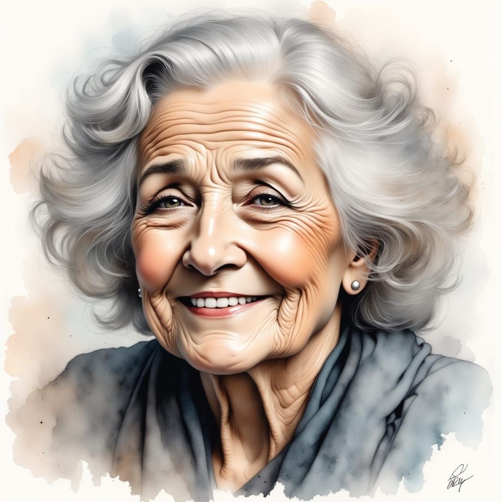 Charcoal Grandma in Antique Watercolor Style