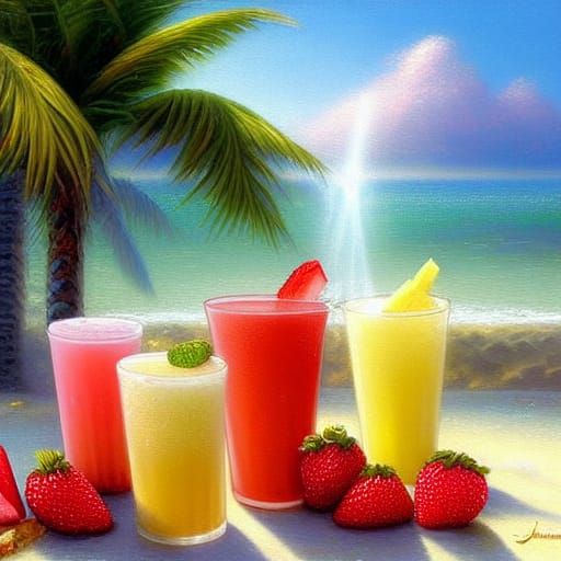 Pineapple and Strawberry Beach Scene, Oil Painting