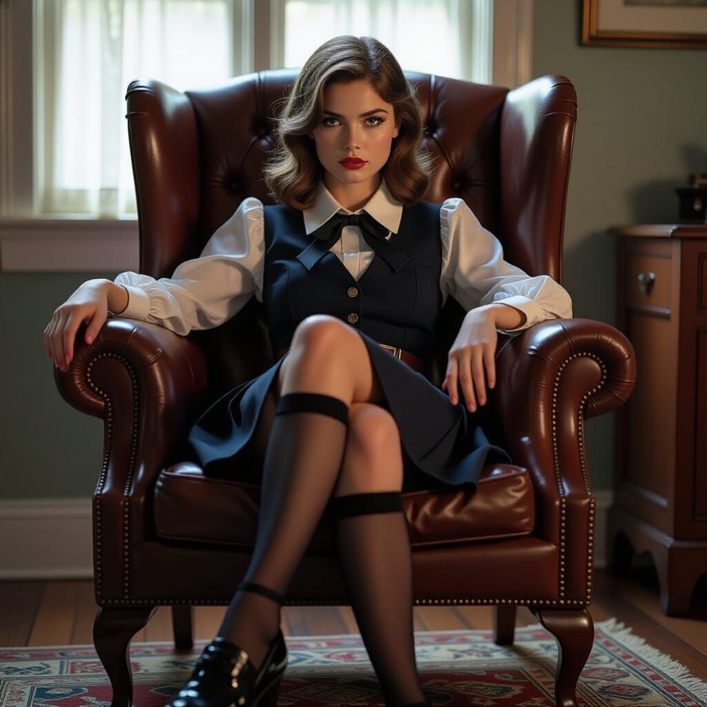 Vintage Schoolgirl in Leather Chair, Digital Matte Painting