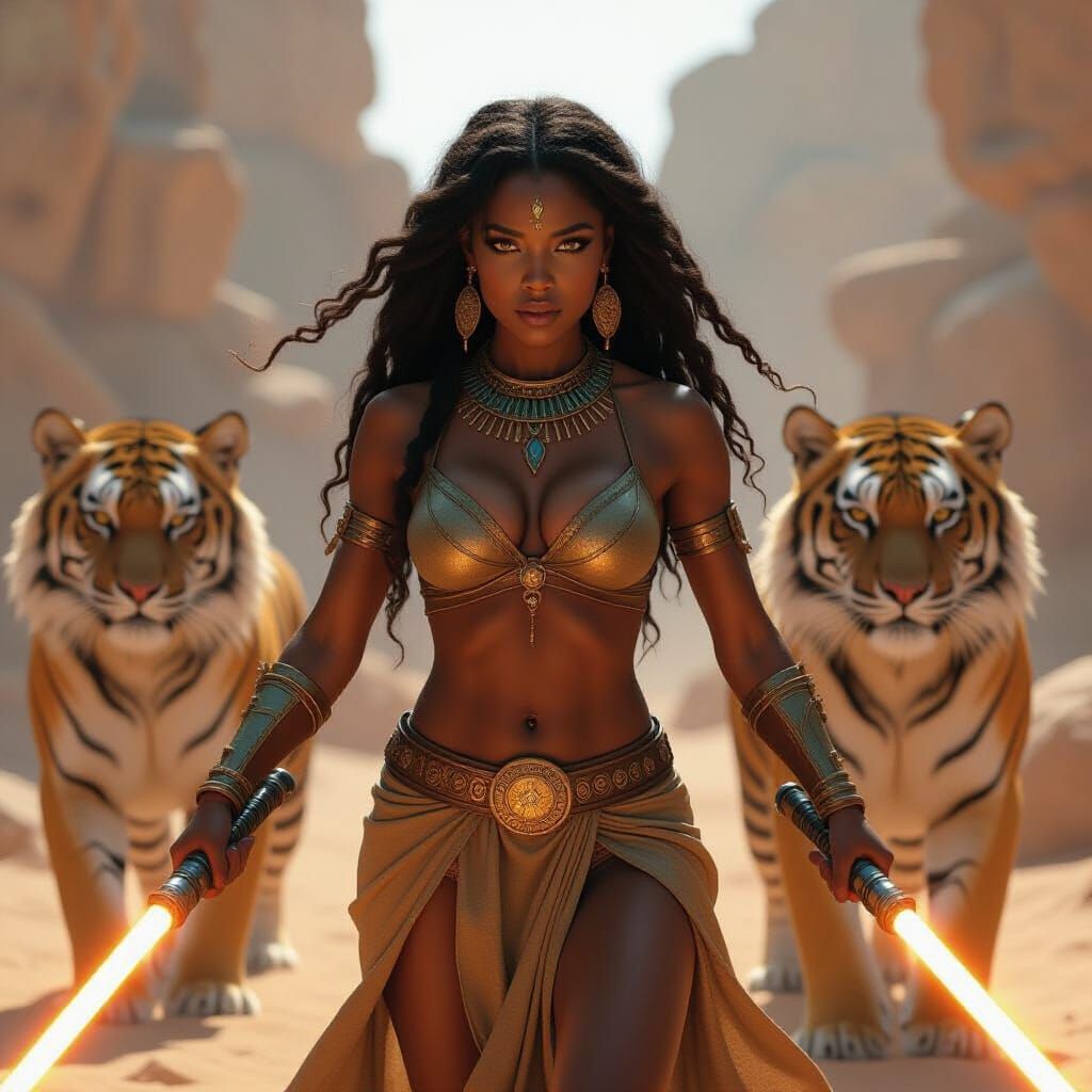 African Nature Goddess Fights With Light Sabers and Tigers