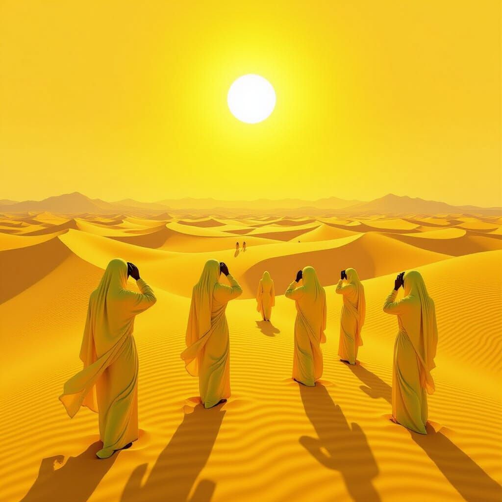 Surreal Yellow Desert Under Blazing Sun, Figures in Yellow