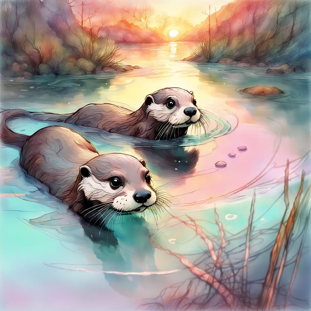 Cute Chibi Otters Swimming in River: Pastel Illustration