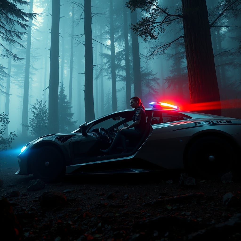 Sleek Futuristic Police Car Illuminates Mystical Forest