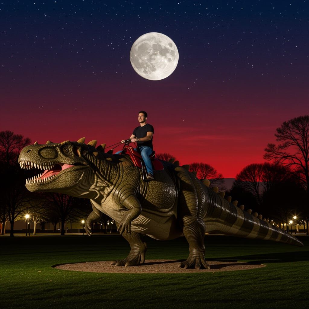 Man Rides Deinosuchus Under Red Night Sky in London Park