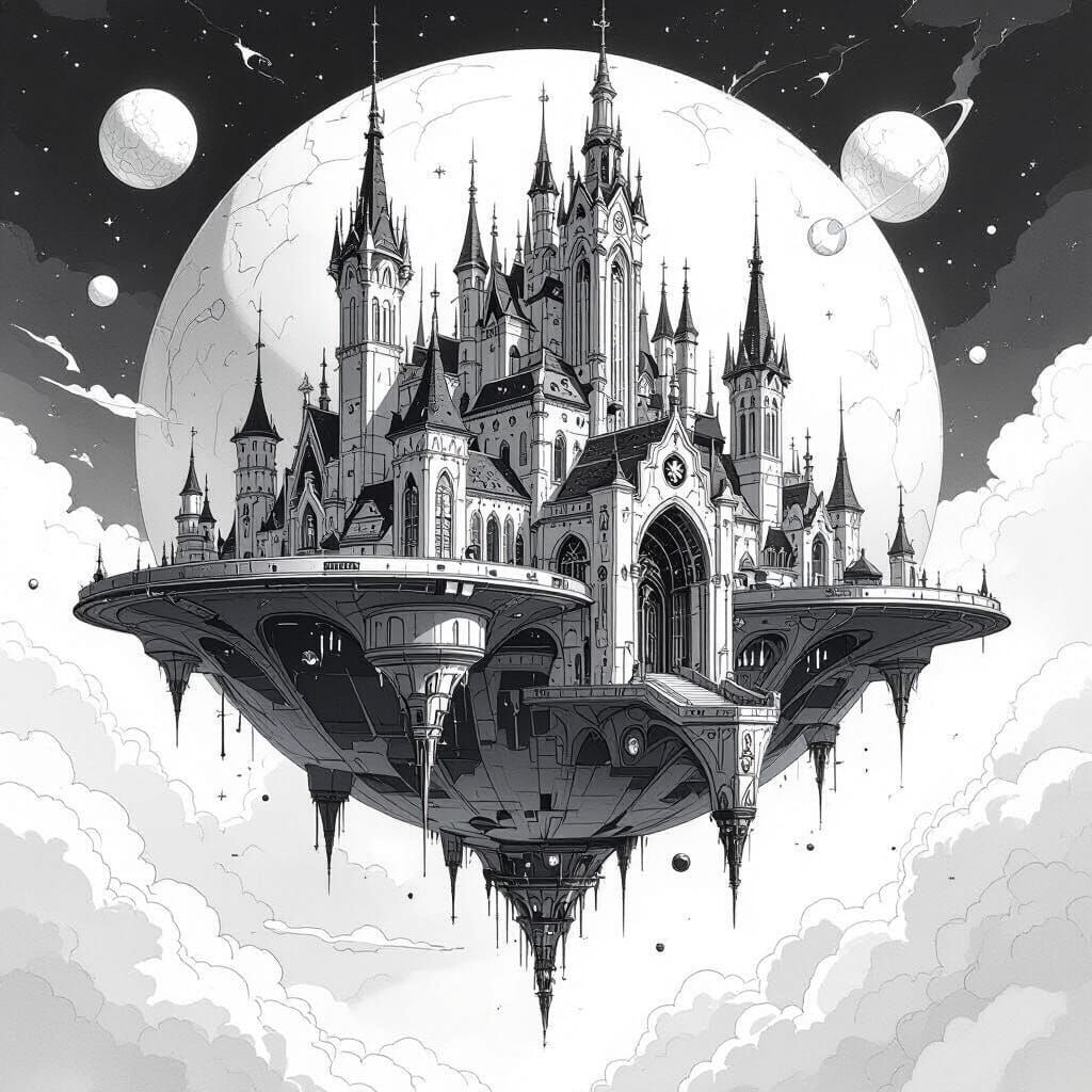 Gothic-Futuristic Castle Floating in Sky as Ink Sketch
