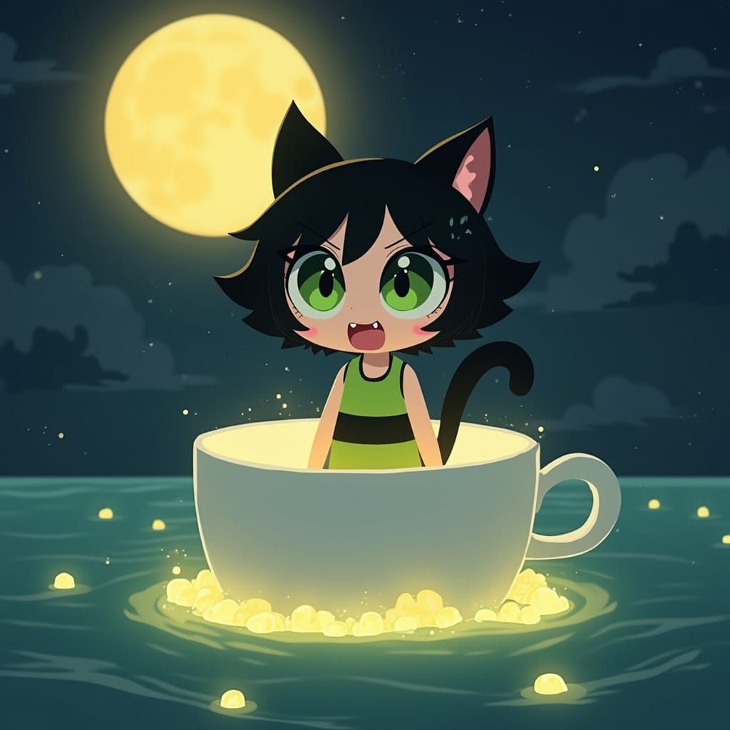 Adorable Anime Chibi Catgirl Surrounded by Butter in a Cosmi...