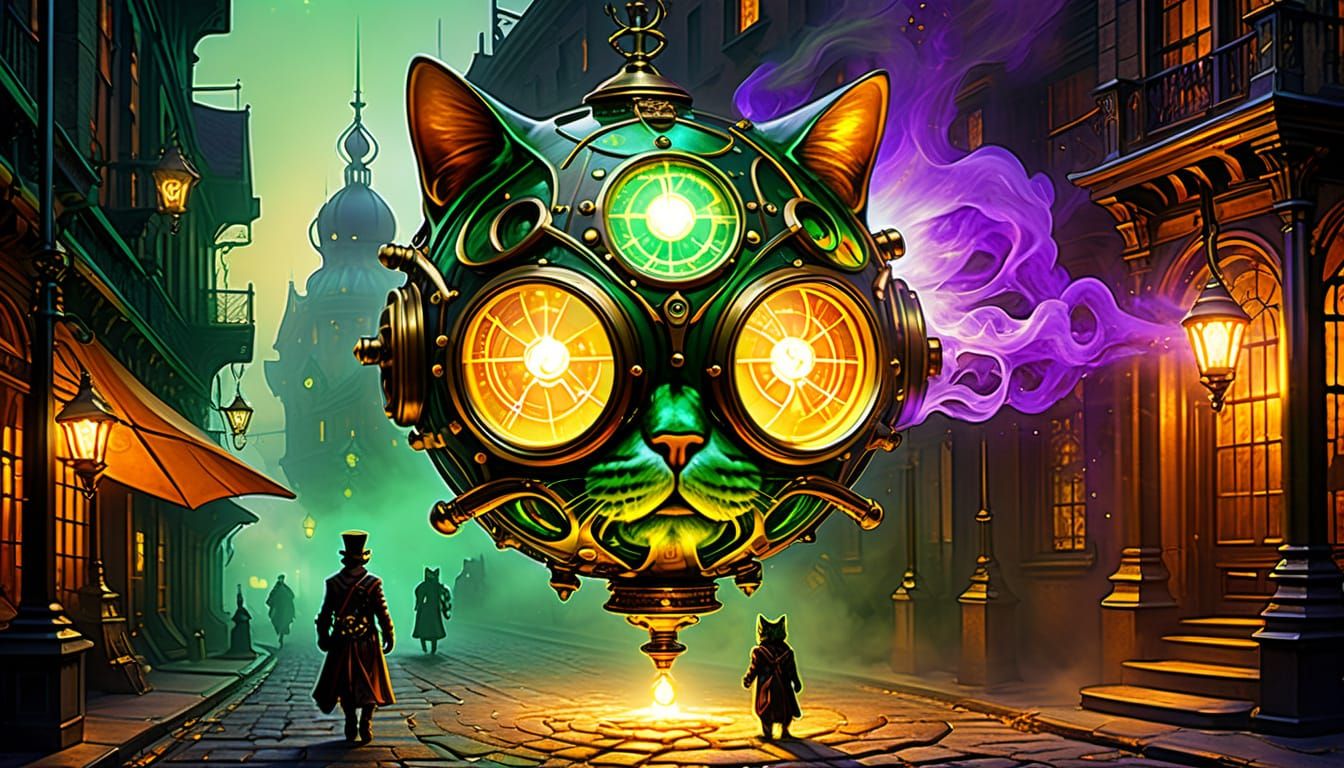 Steampunk Kitten Adventurers in a Glimmering Cityscape