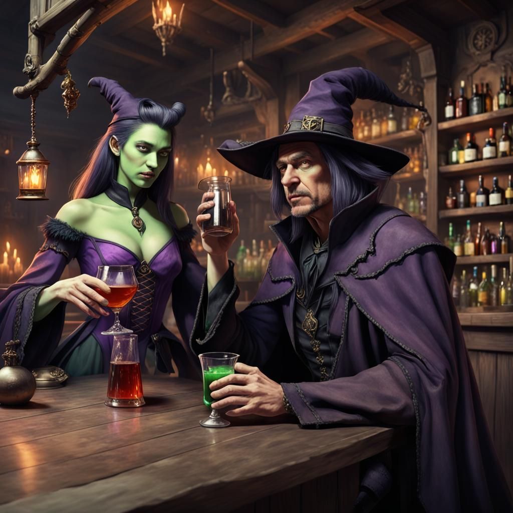 Warlock and Witch at Bar Drinking Potions