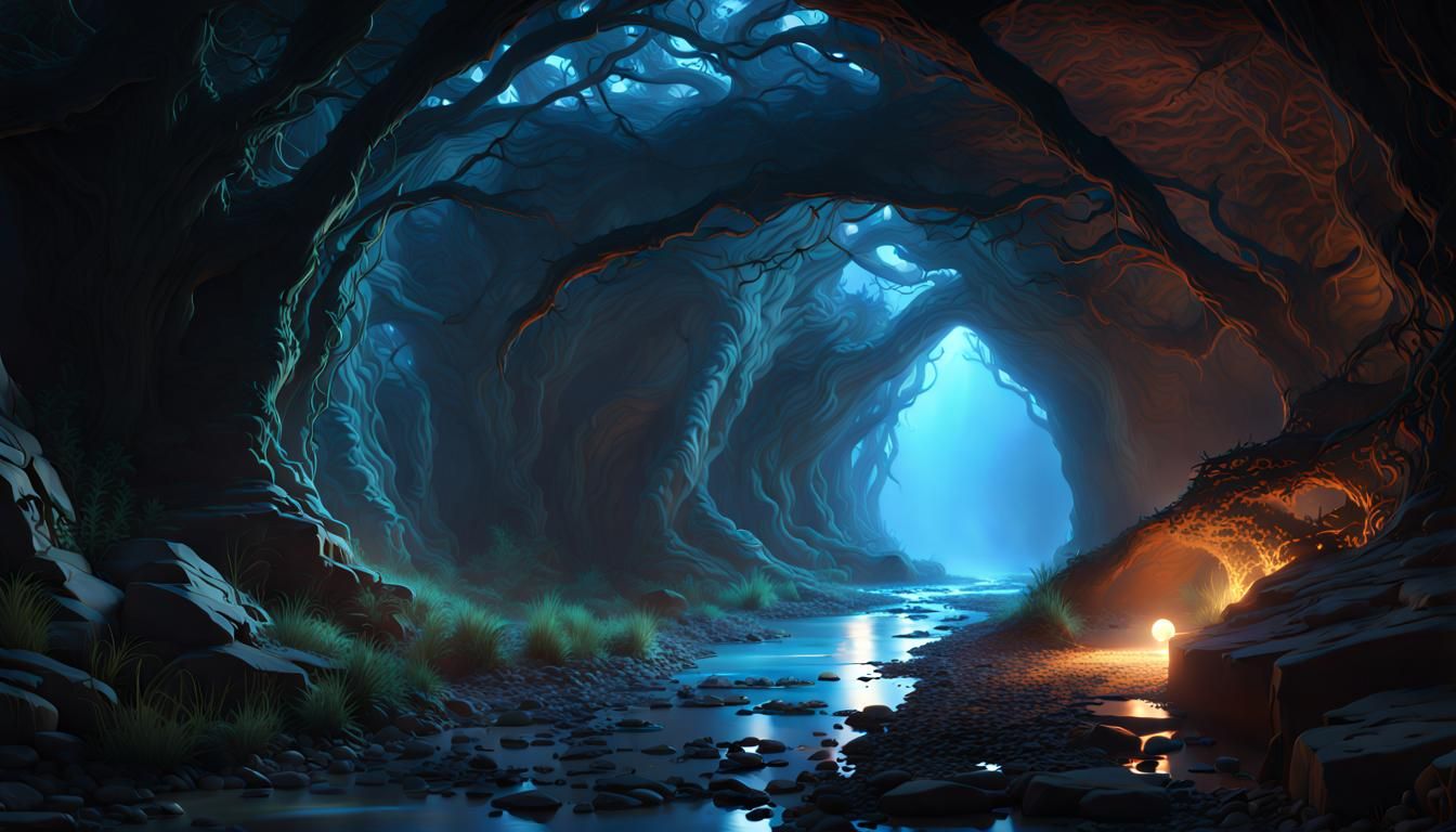 Mystical Blue Glow Illuminates Deep Earth Tunnel