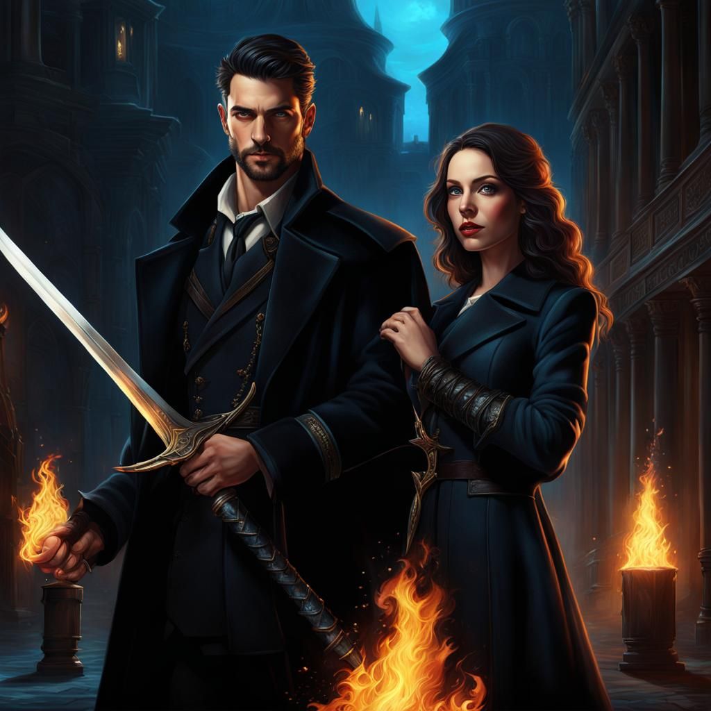 Fantasy Woman with Sword and Man with Fire