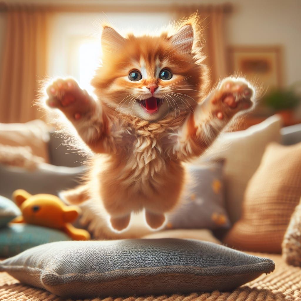 Playful Ginger Kitten Mid-Air Jump