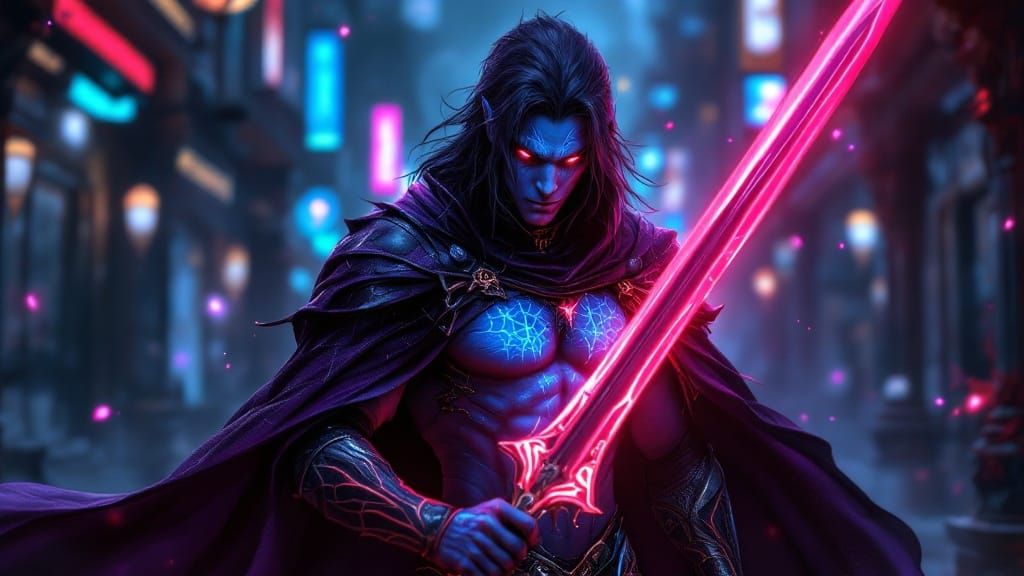 Dark Elf Warrior in Violet Leather Armor, with Mystical Tatt...