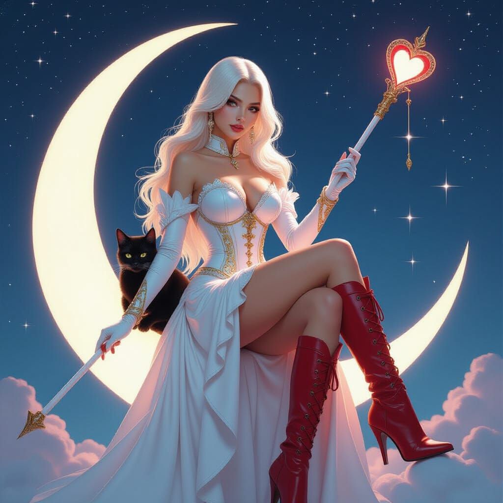 Woman on Moon with Cat: Hyperrealistic Concept Art