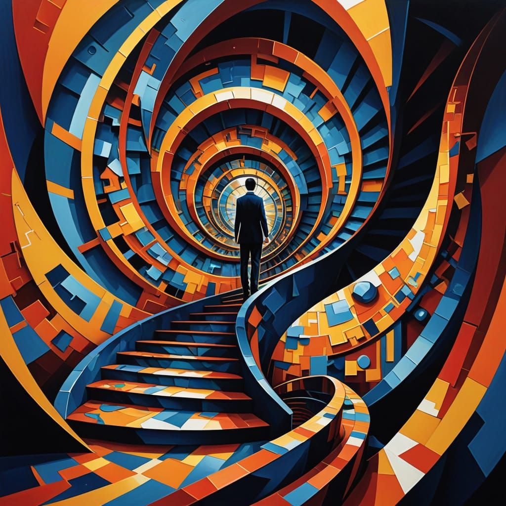 Warped Staircase in Geometric Fauvism with Art Deco Patterns