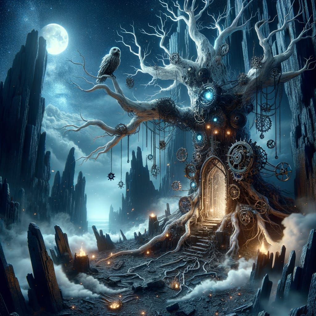 Dark Fantasy Gothic Cliff with Mechanical Owl