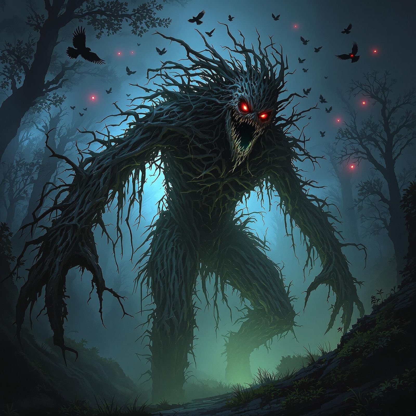 A Towering, Ancient Scarecrow Rises from the Foggy Forest