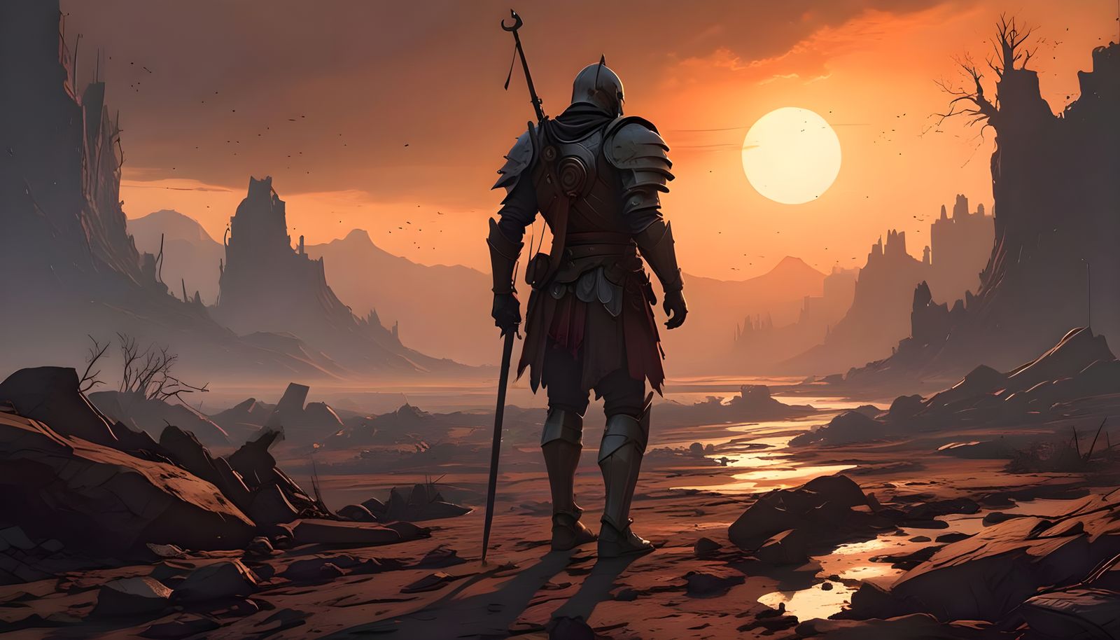 Epic Knight Stands Alone in Battle-Scarred Landscape