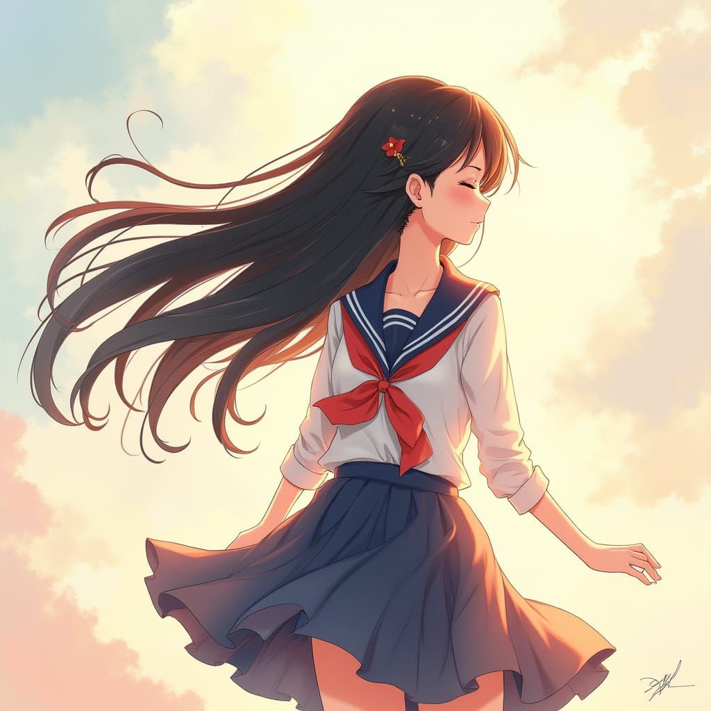 Anime Schoolgirl Goddess Radiates Confidence in Watercolor D...
