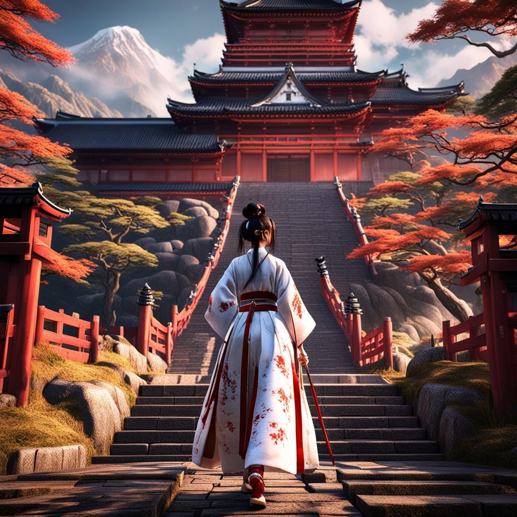 Girl Approaches Daimyo Castle: Detailed Matte Painting