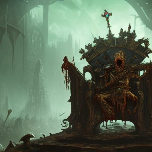 Zombie Knight on Skull Throne: Detailed Matte Painting