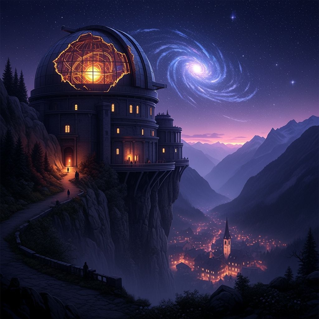Ancient Observatory on Alpine Cliff, Cosmic Horror Art
