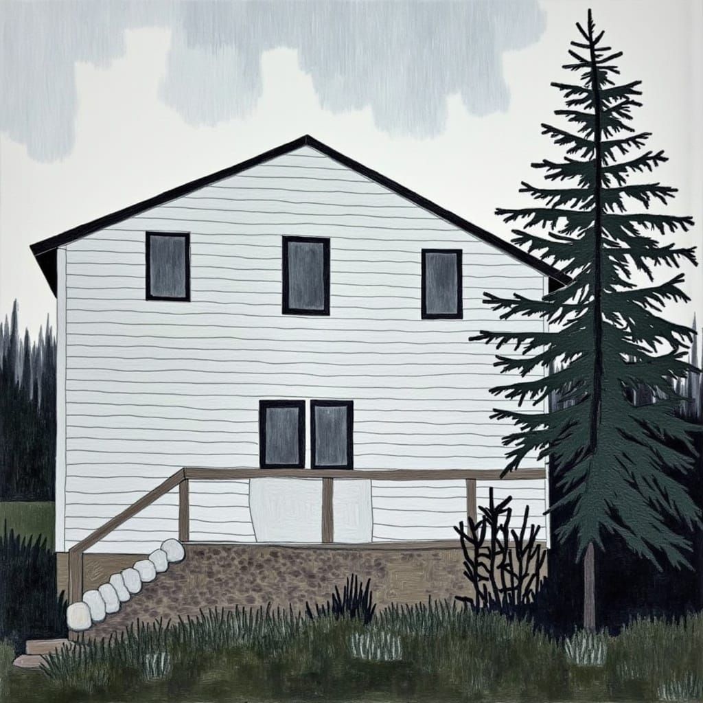 Abstract White House and Pine Tree Painting
