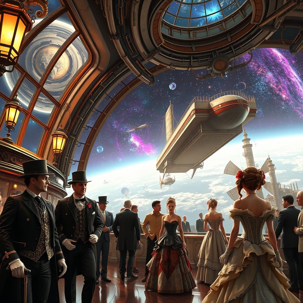 Elegant Victorians Explore Steampunk Space Station with Maje...
