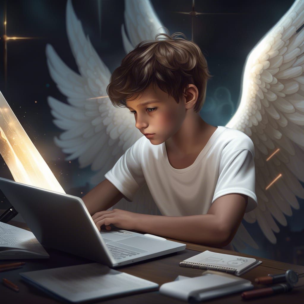 Boy Doing Homework with Angel in Atmospheric Style