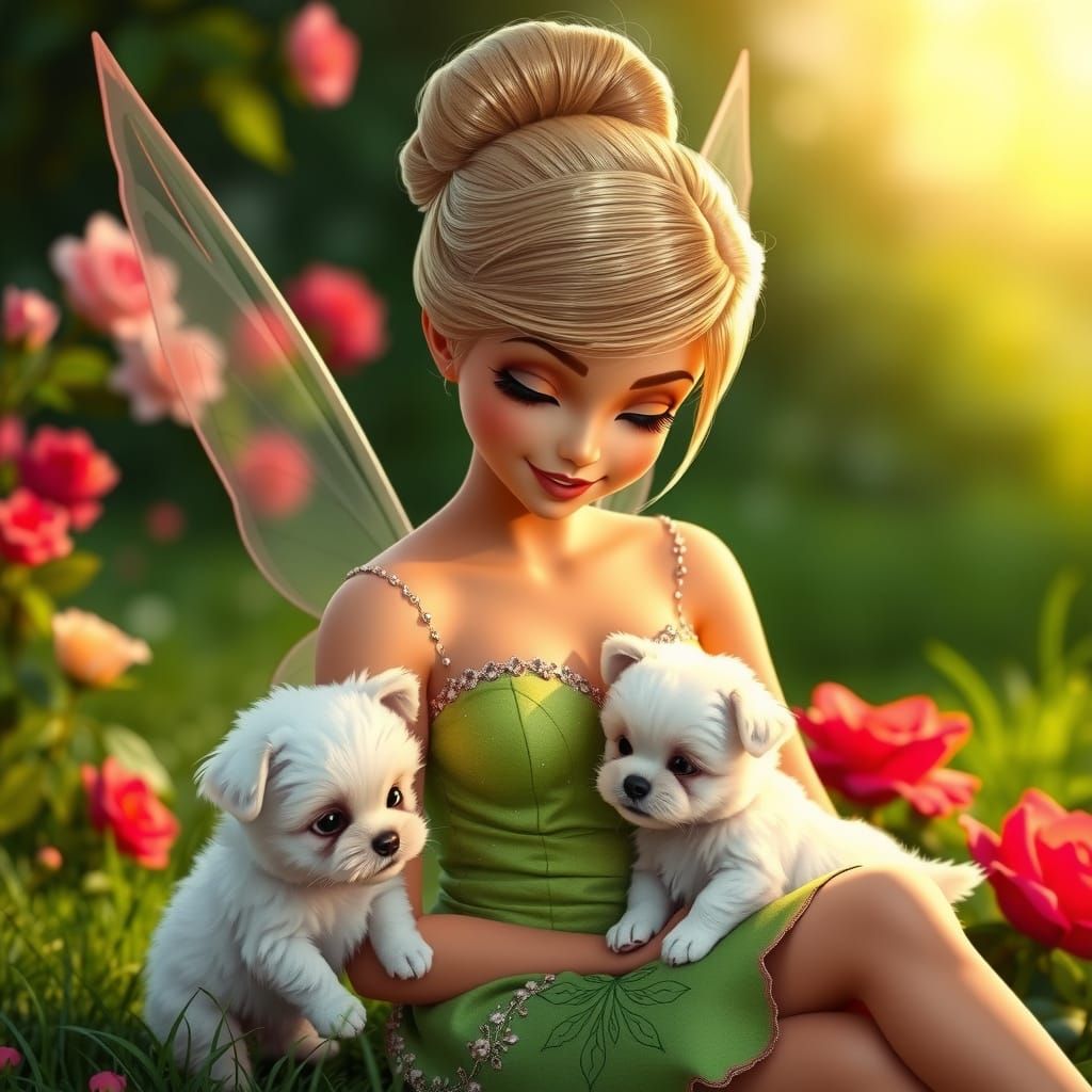 Tinkerbell Portrait with Puppies, Digital Art