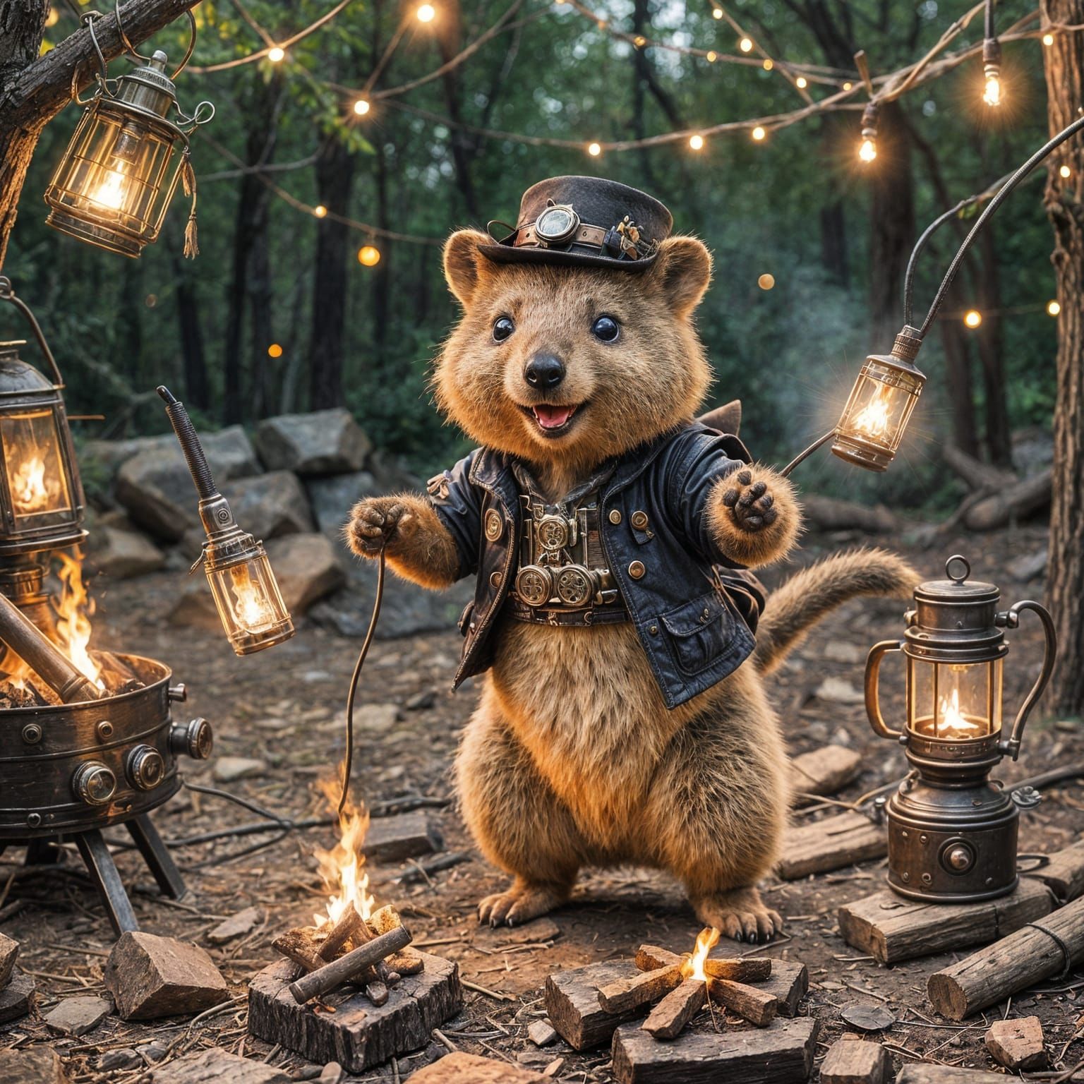Dancing Quokka by Campfire with Steampunk Engine