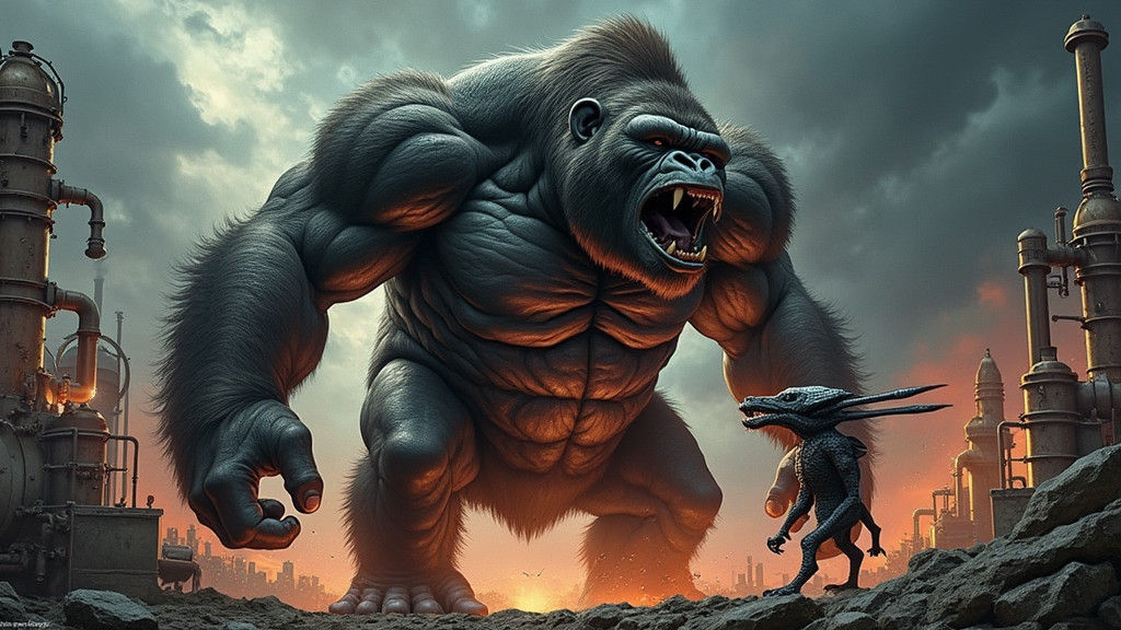 Gorilla vs Lazerd in Steampunk Industrial Setting