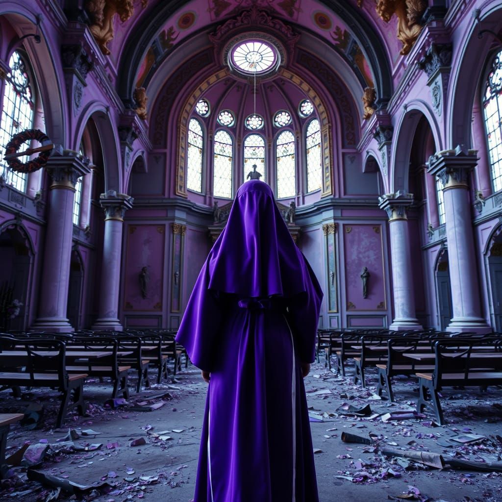 Nun in Purple Latex Before Ruined Baroque Church