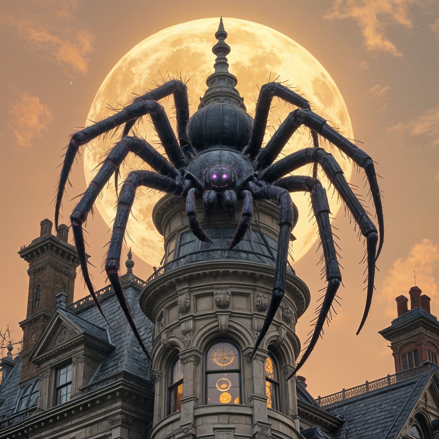 Giant Spider Climbs Victorian Turret Under Golden Moon