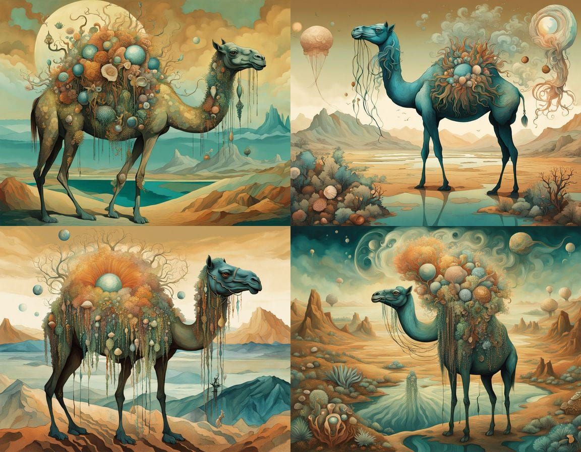 Surreal Camel-Jellyfish Chimera in Desert Landscape