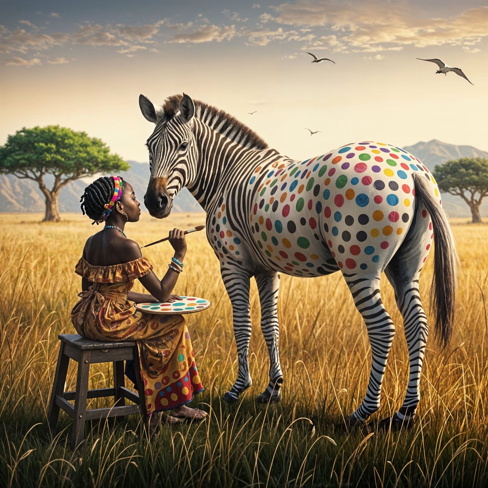 Polka Dot Zebra Painted in African Landscape