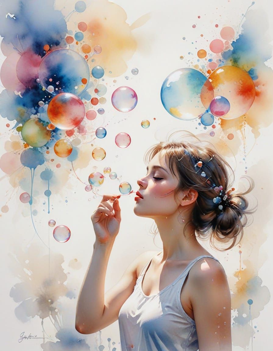 Harmonious Blend: Expressive Watercolor Blowing Bubbles