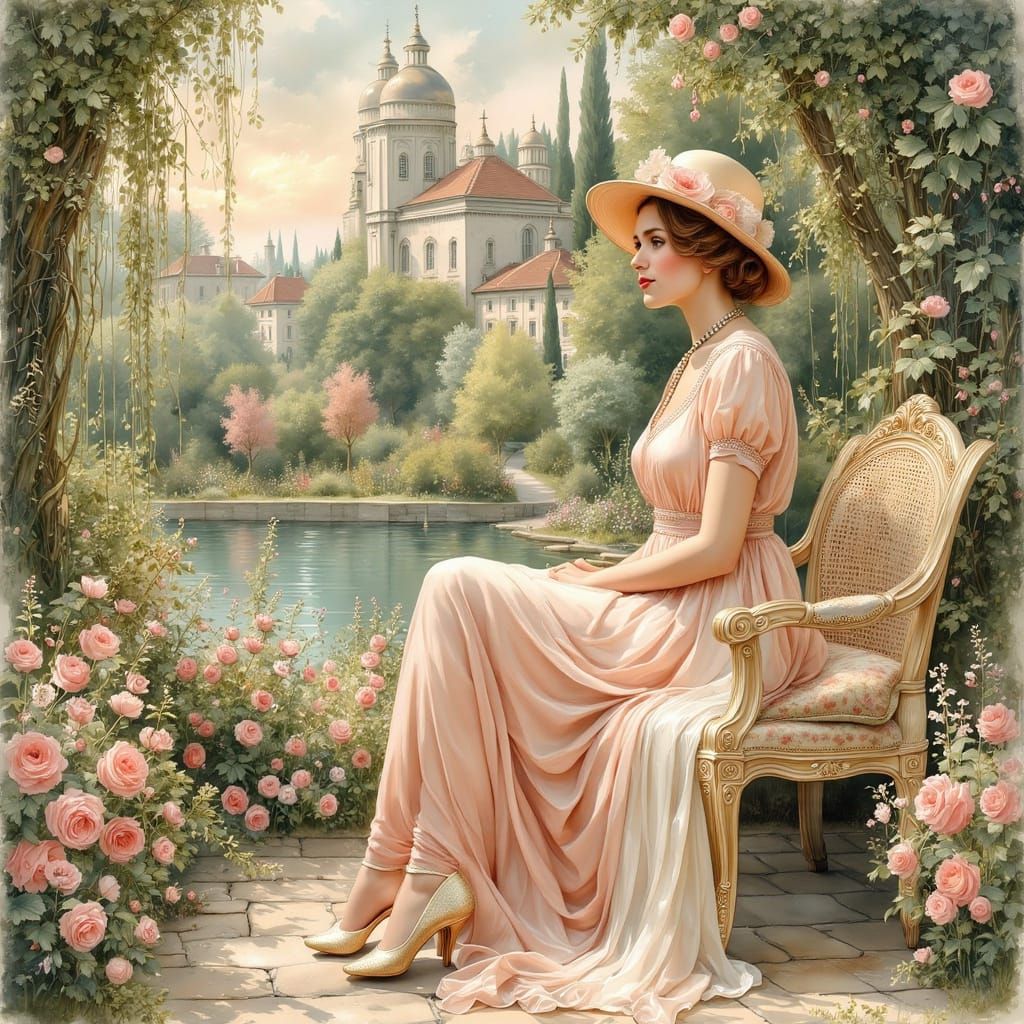 Ethereal Woman in Garden, Klimt-Inspired Art Deco