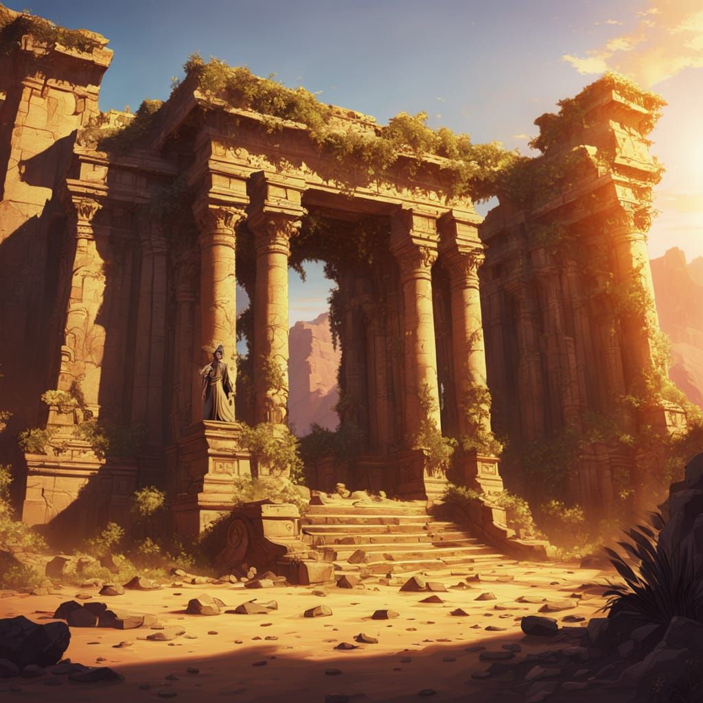 Majestic Desert Ruin Illuminated by Golden Sunset