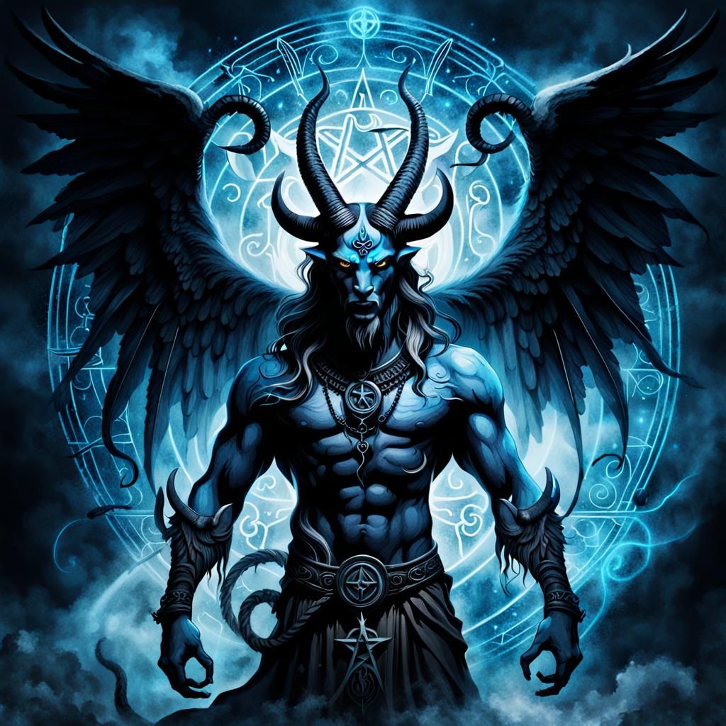 Dark Fantasy Portrait of Baphomet with Ethereal Wings and Ru...