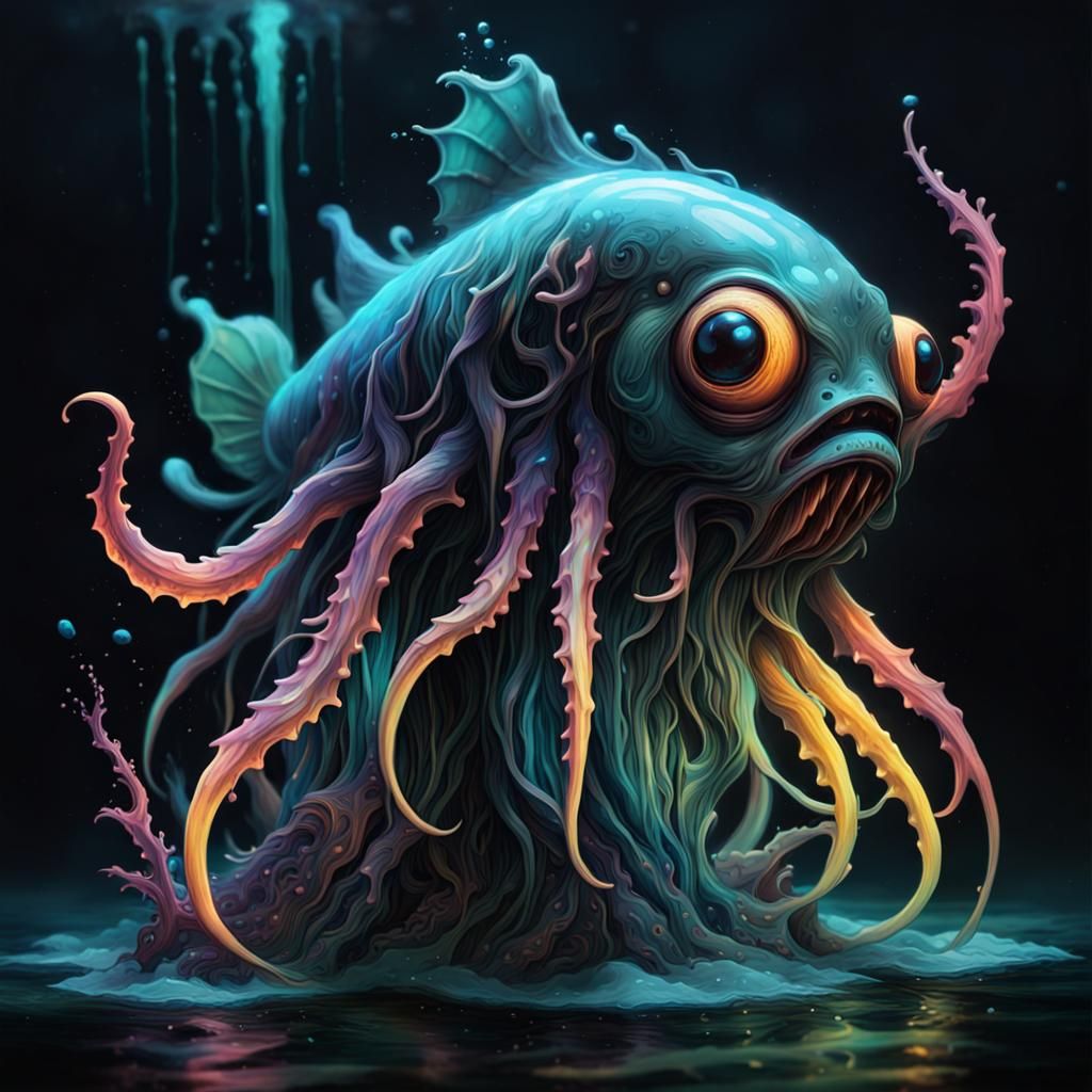 Bioluminescent Deep Sea Creatures in Graffiti Art Style