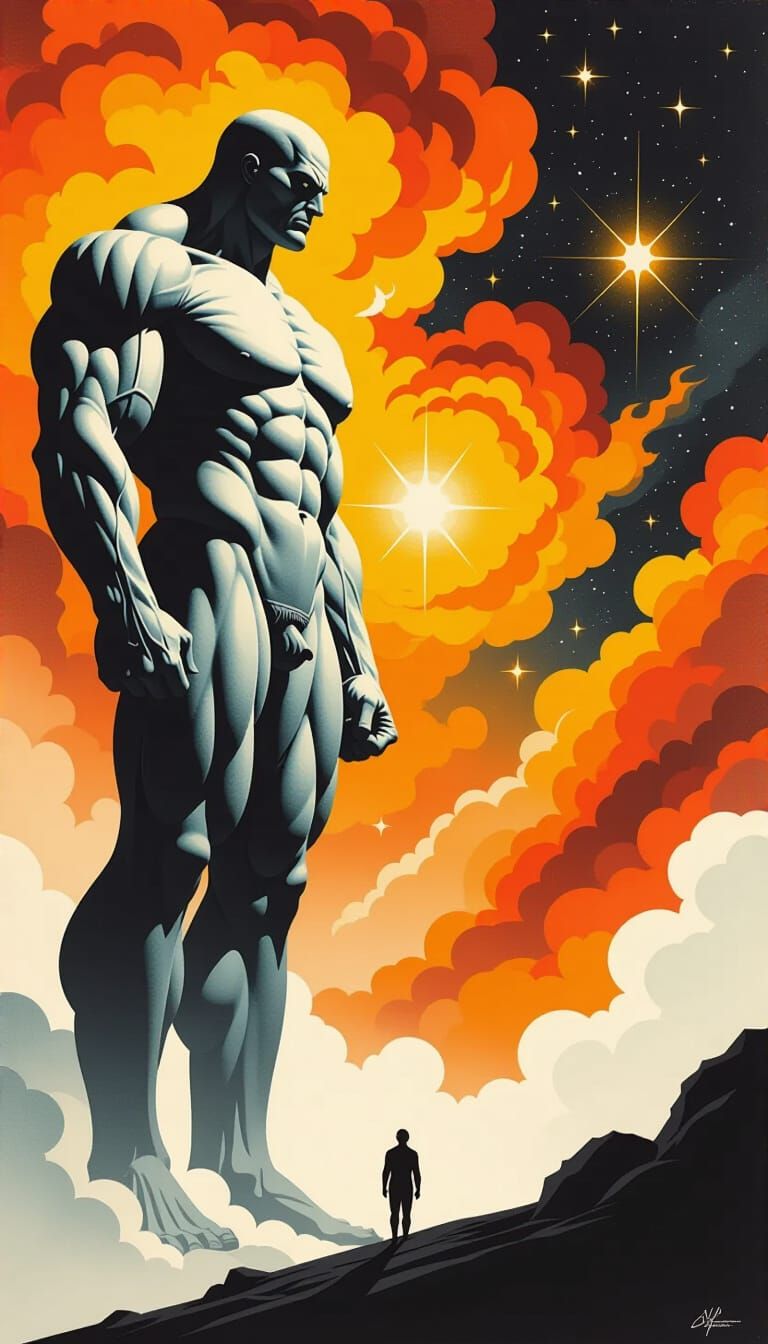 Cosmic Drama: Giant Figure Meets Silhouette in Nebula