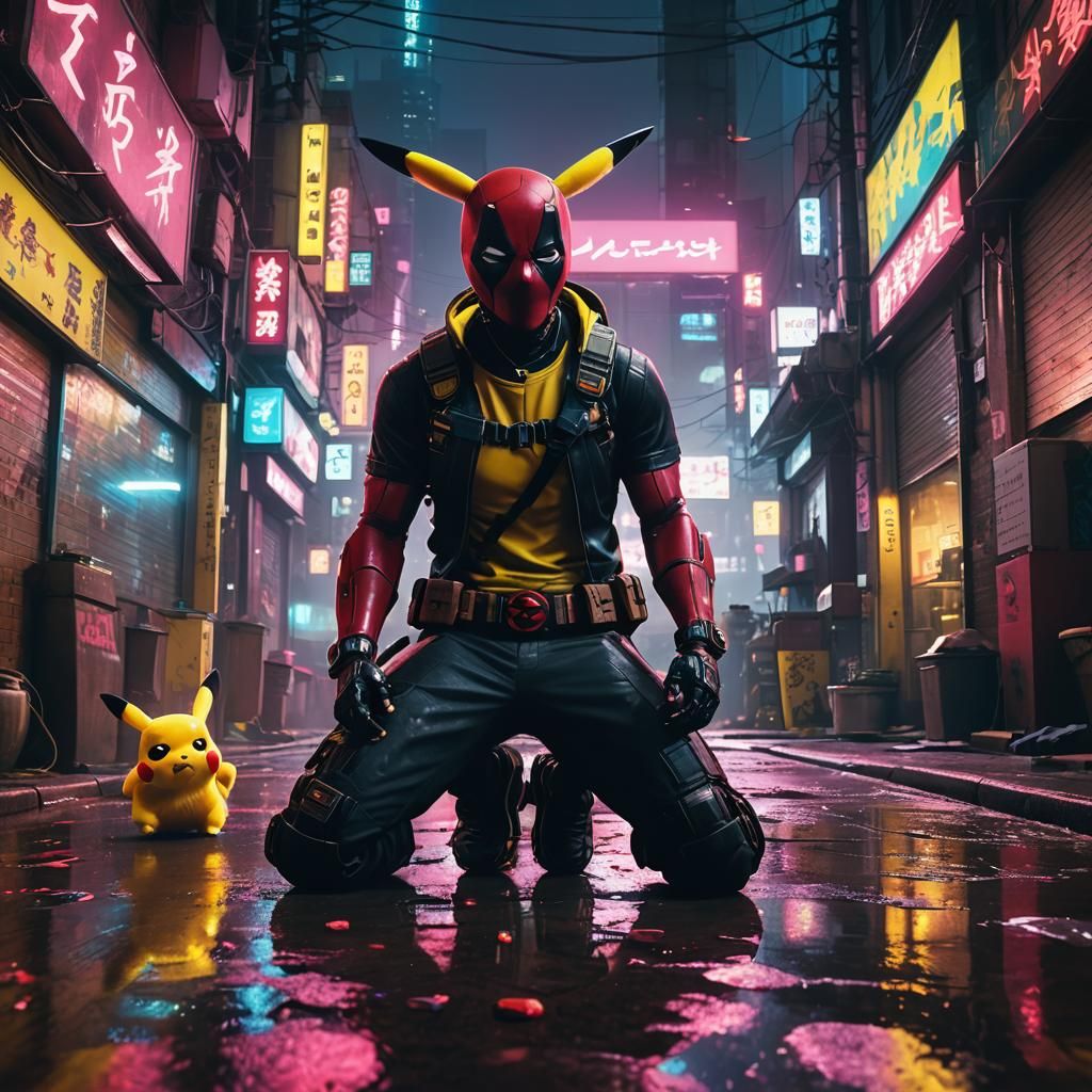 Deadpool and Pikachu in Cyberpunk Tokyo