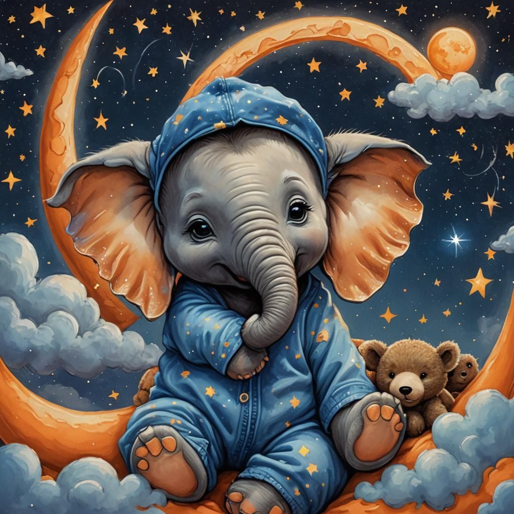 whimsical picture of a cute baby elephant with big blue eyes wearing a cute blue onsie with bears and sleep hat, l layin...