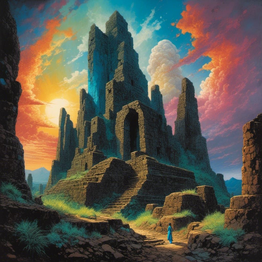 Mysterious Ruins: Vibrant Oil Pastel Landscape