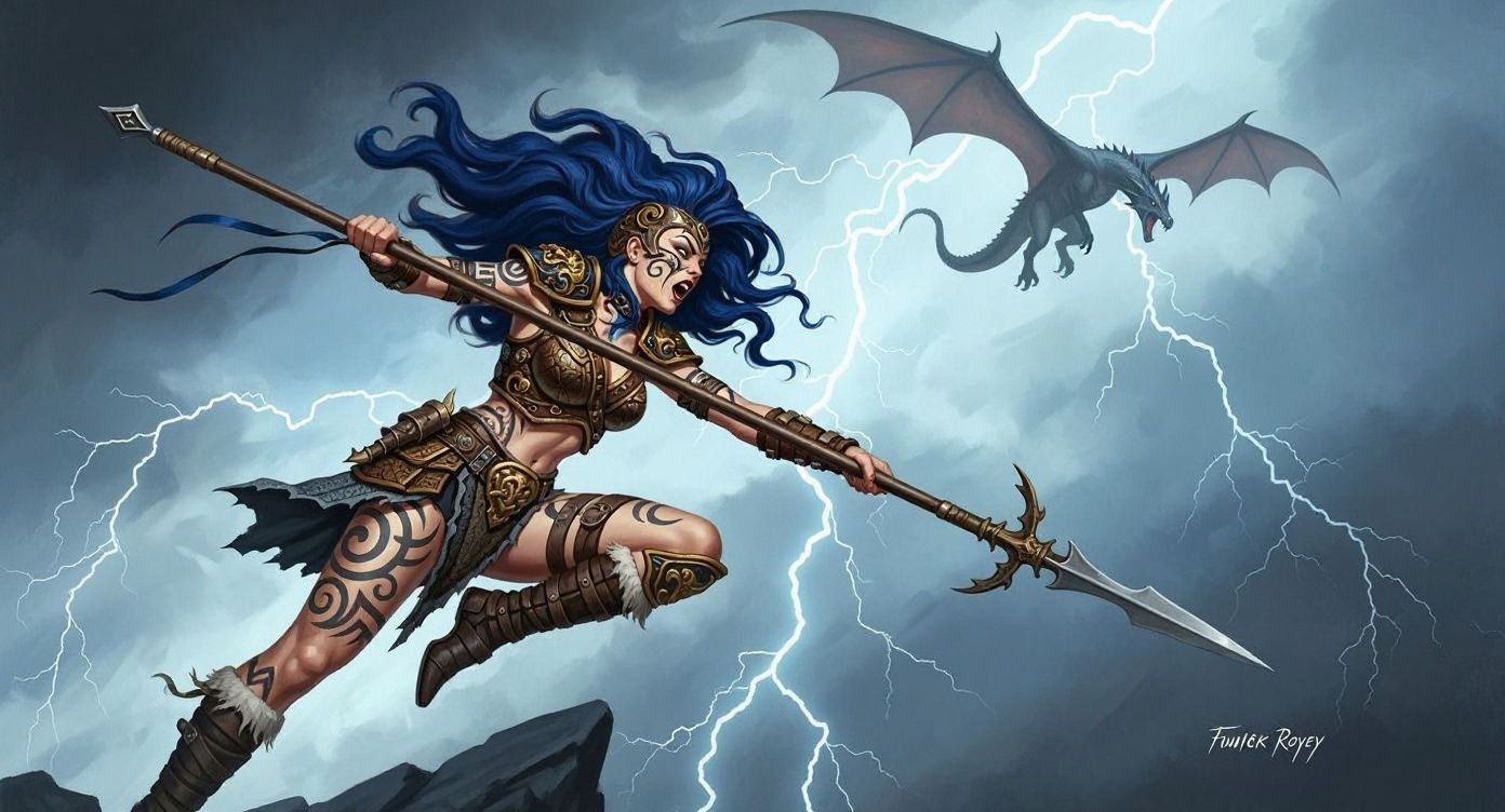 Barbarian Warrior Leaps Towards Dragon in Dark Fantasy Art