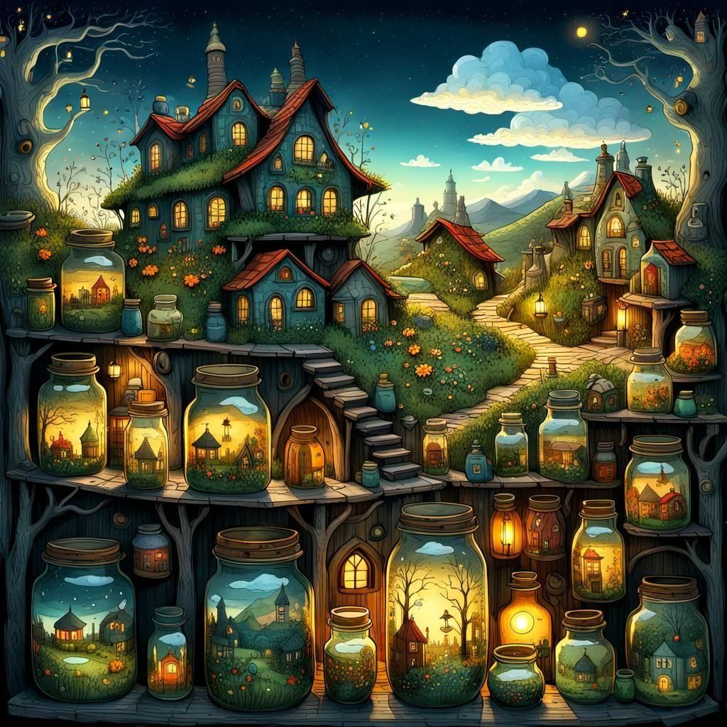 Magical Bioarchitectural Jar Village in 3D