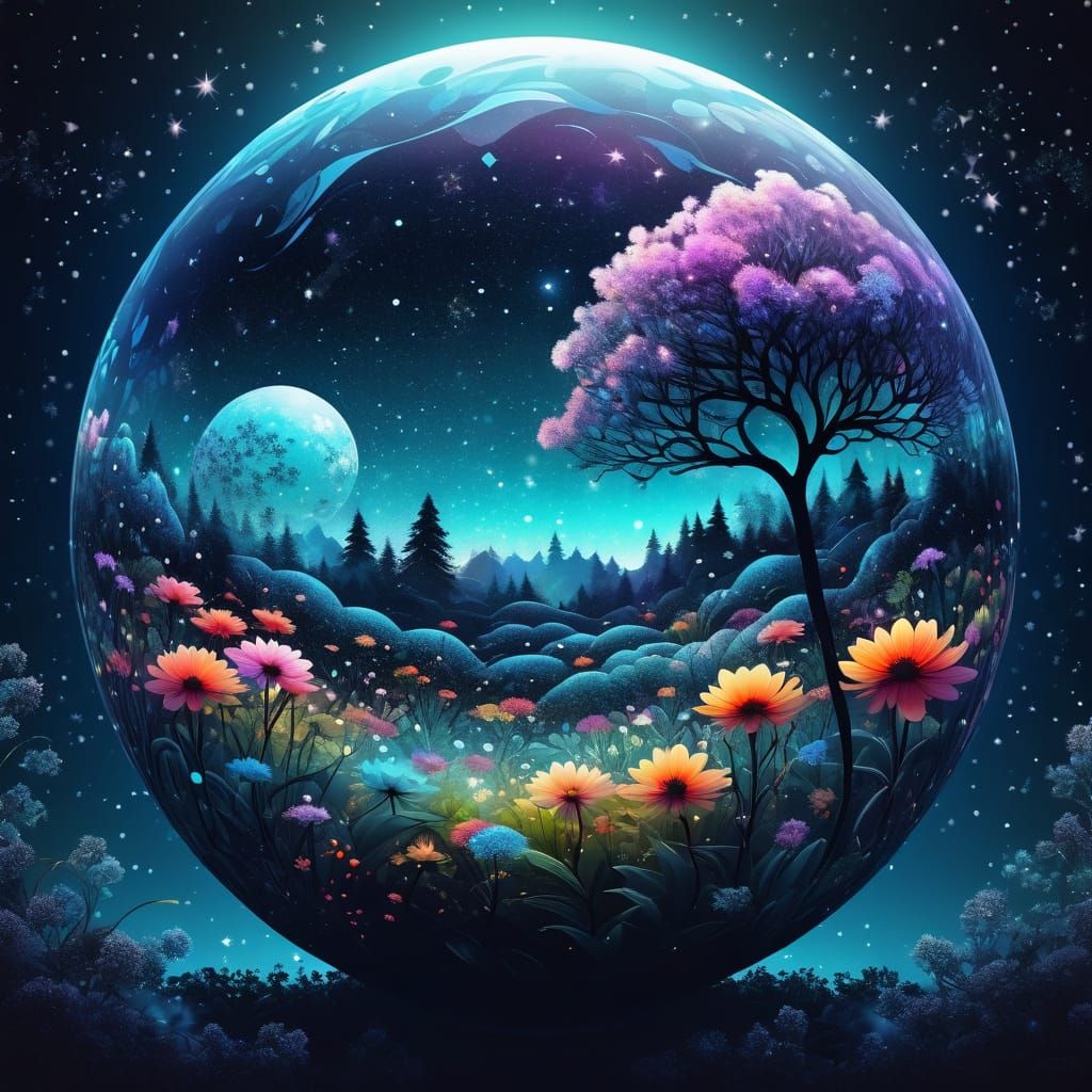 Ethereal Flower Garden Under Starry Cosmic Skies