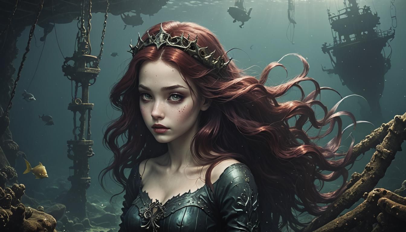 Gothic Mermaid Ariel Exploring Shipwrecks