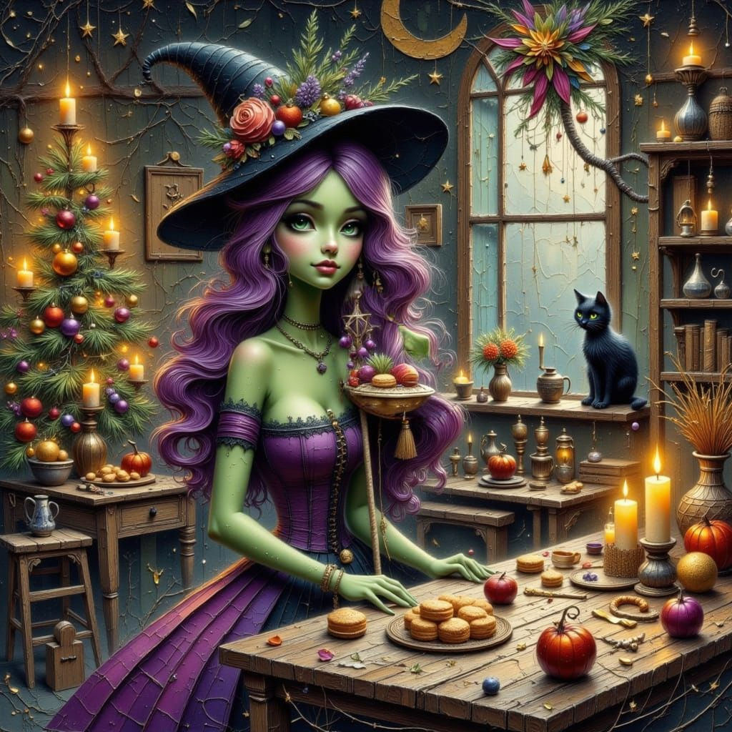 Beautiful Witch Prepares Christmas Pastry in Cozy Cottage